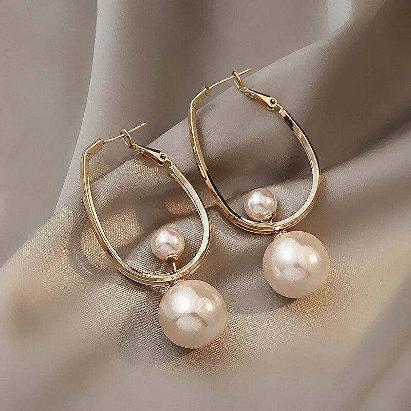 Gold Hoop Pearl Drop Earrings | Elegant Pearl Dangle Earrings | Minimalist Bridal Jewelry | Gift for Her